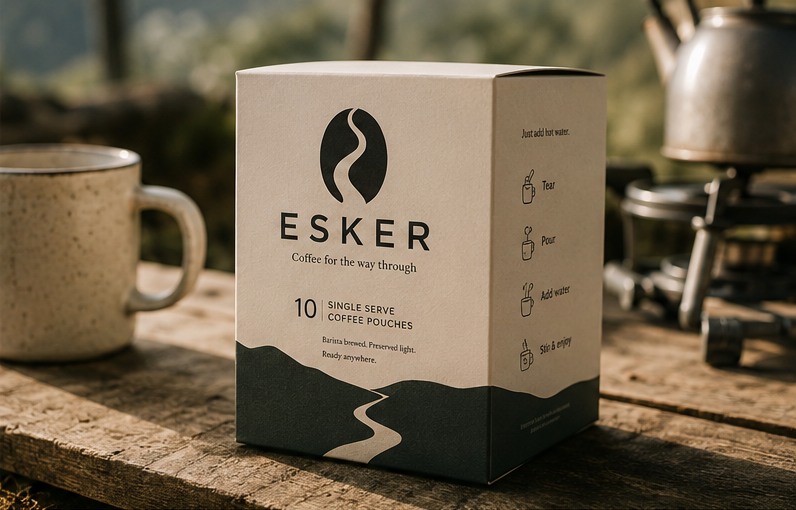 Esker Coffee ten-pouch box on a rustic outdoor table beside a mug and camping kettle